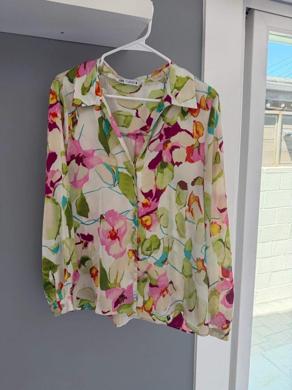 Zara Floral Sheer Button-Down Blouse - Cream with Pink & Green